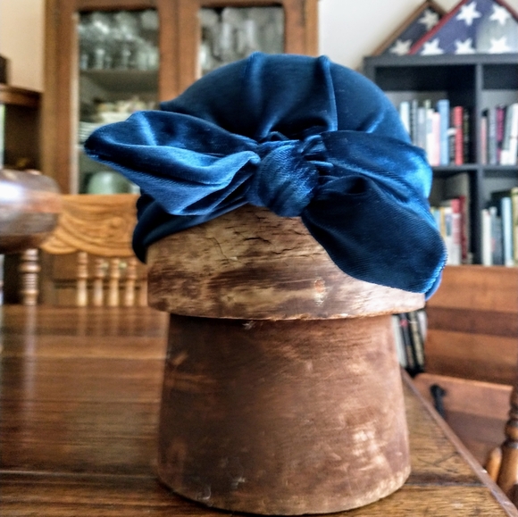 Teal Velvet Turban Hair Covering - Picture 2 of 5